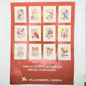 Yo Williamsburg, VA Twelve Months of‎ Flowers "March" Crewel Embroidery VTG